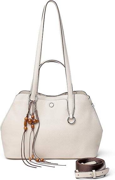 Ladies' genuine leather handbag, equipped with a built-in drawstring pouch and a three-way shoulder strap.
