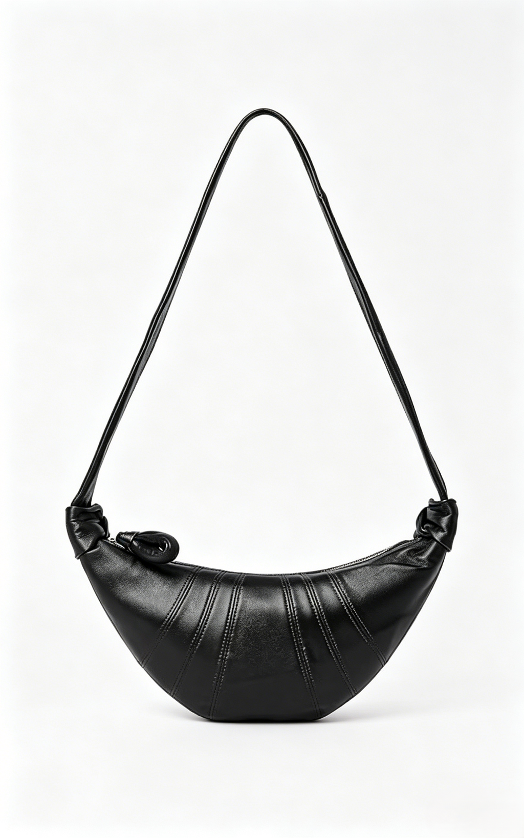 Ladies' soft leather handbag, crescent shaped, with wide shoulder straps.