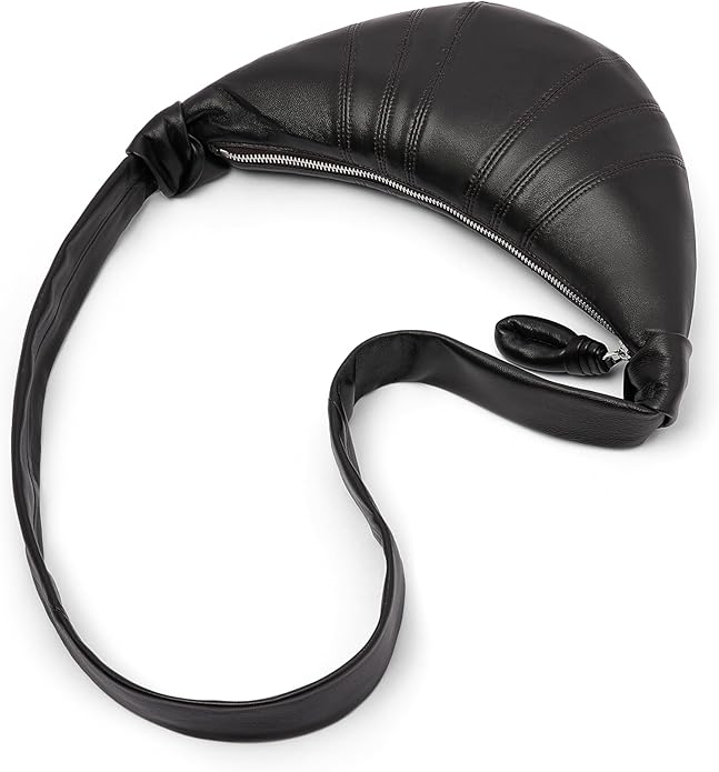 Ladies' soft leather handbag, crescent shaped, with wide shoulder straps.