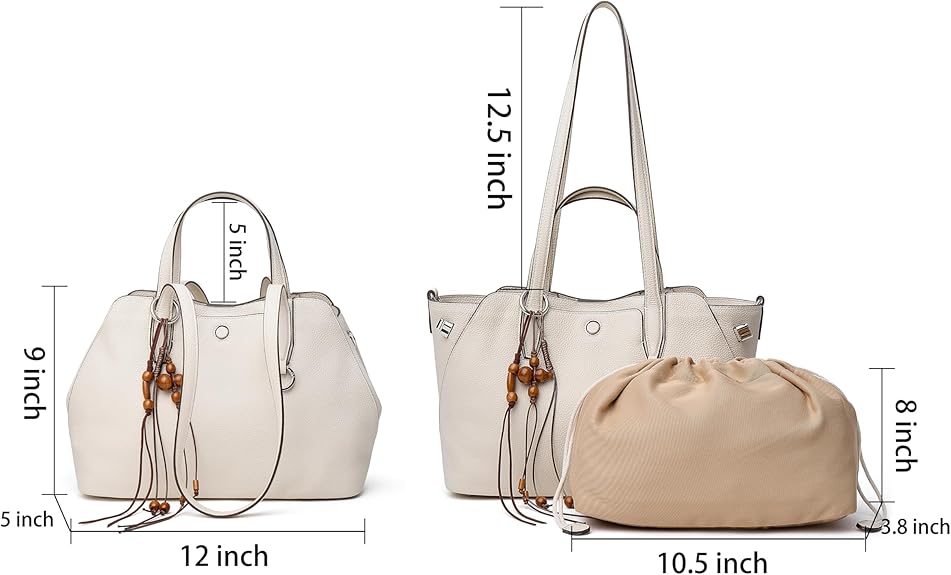 Ladies' genuine leather handbag, equipped with a built-in drawstring pouch and a three-way shoulder strap.